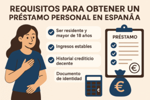 Infografía que muestra los requisitos clave para solicitar un préstamo personal en España, incluyendo documentos necesarios y condiciones básicas.